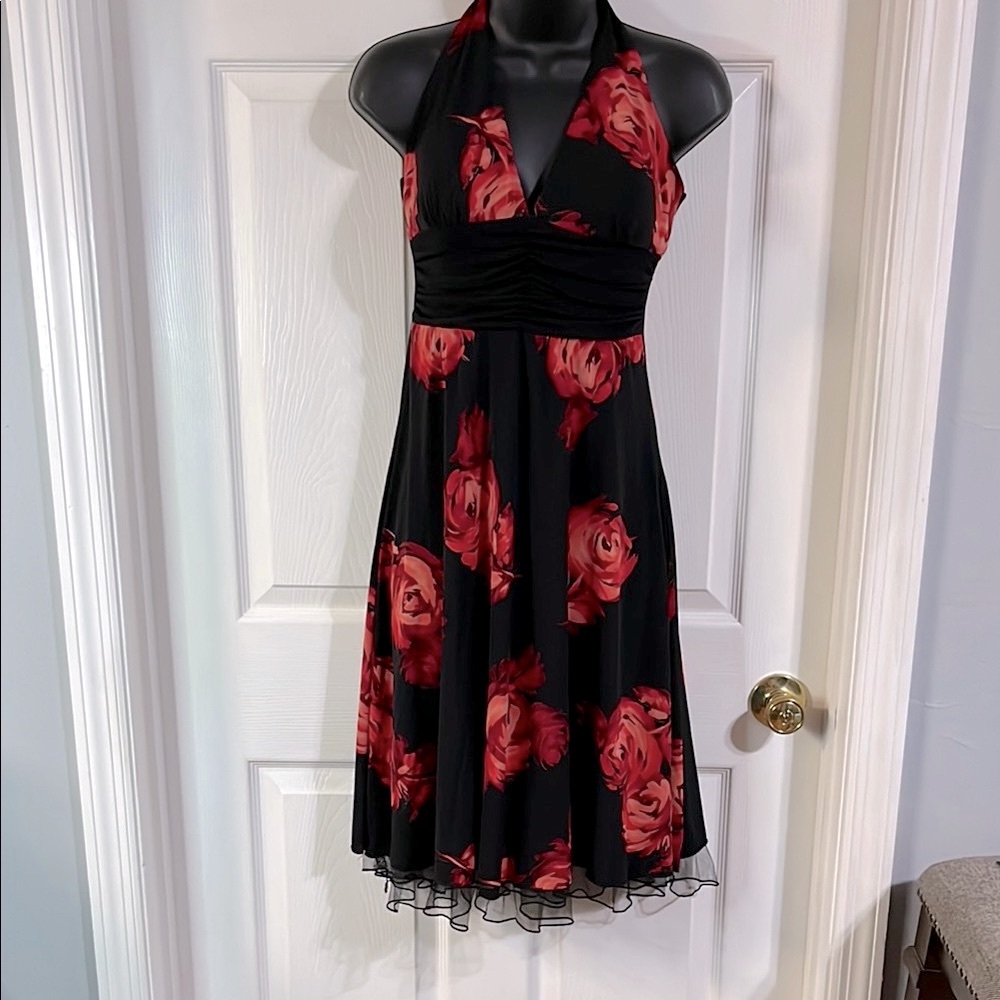 Elegant Black and Red Floral Halter Dress, size small.